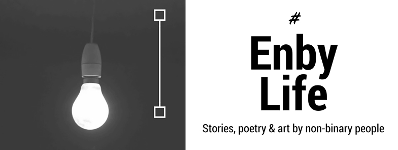 Cover photo of #EnbyLife zine - white lightbulb with black background on the left hand side and #EnbyLife text on the right hand side