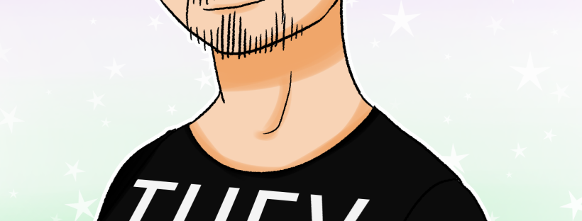 digital art drawing of a person with pink hair, green eyes and a beard and a black shirt that says 'they them', on a green white and purple starry background