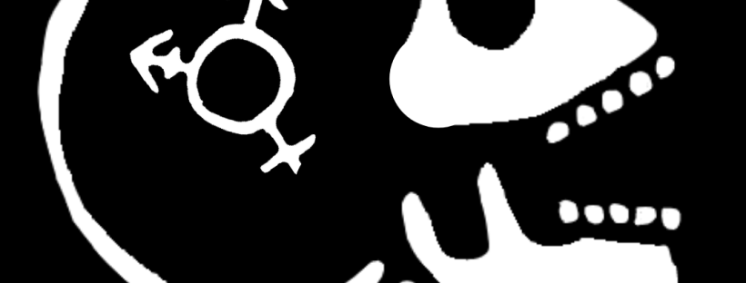 Digital art of a white skull with their mouth open and the transgender symbol positioned on and in their head. White text on the black background reads 'It's not all in your head ...'