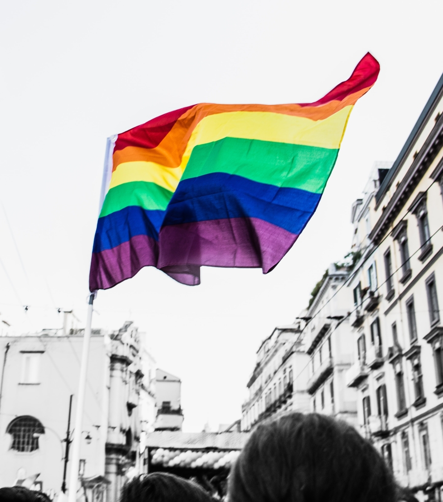 Photo of a rainbow pride flag with black and white buildings in the background.