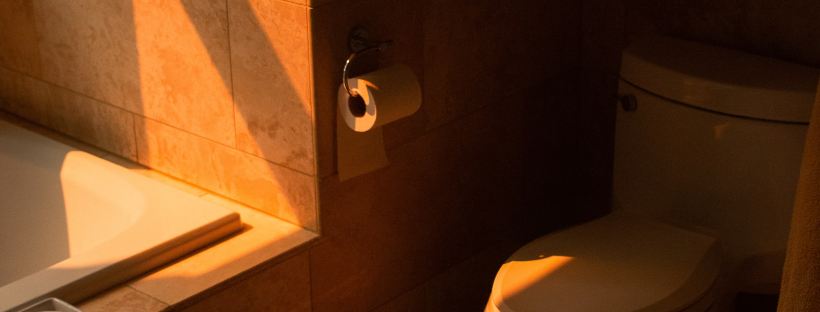 Photo of a shadowed bathroom, with sun streaming across the side of a bathtub, tiles, and toilet.